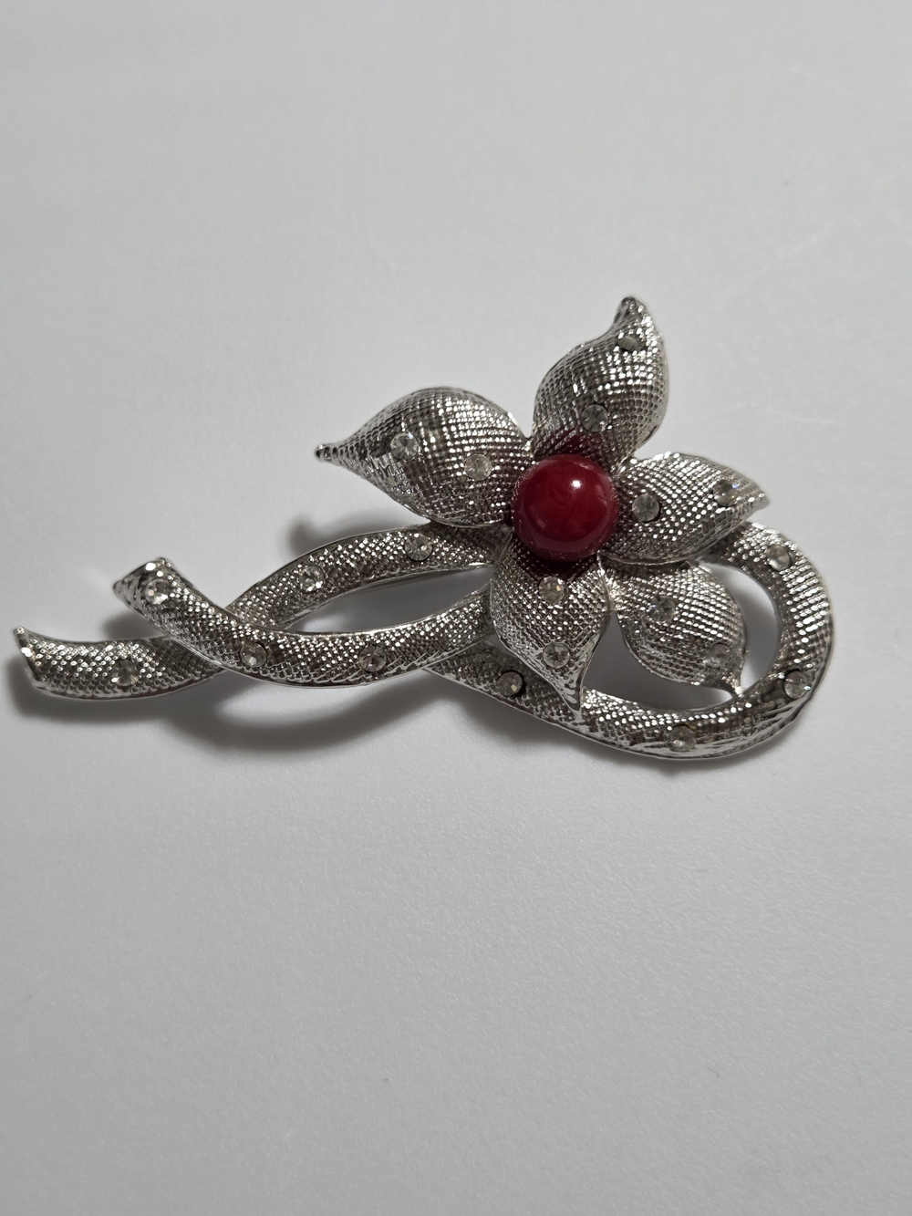 Vintage Silver Tone Red Flower Rhinestone Brooch Pin Statement Floral 3 Inch